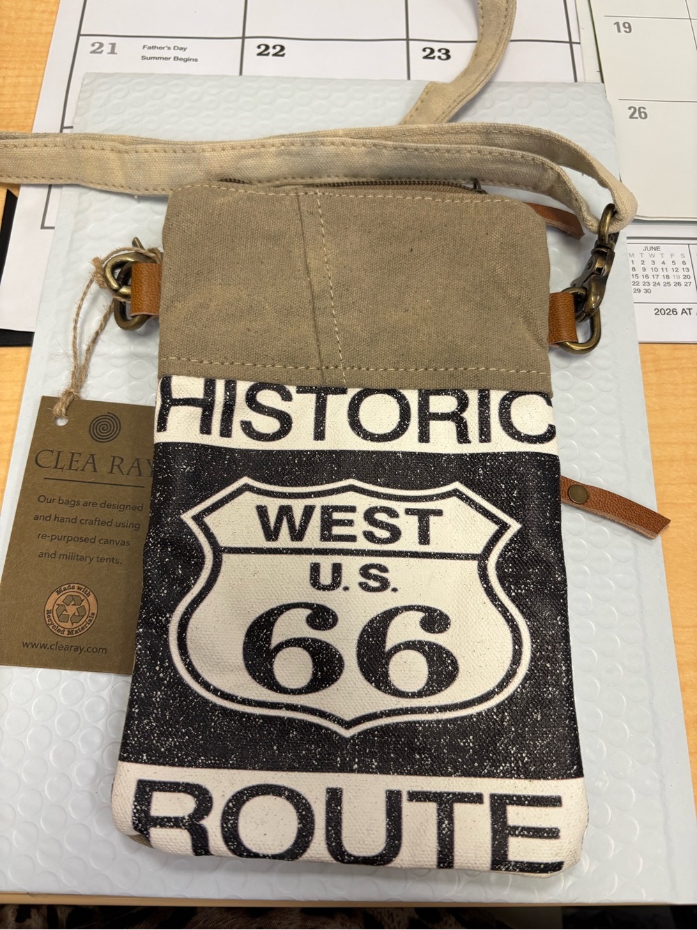Clea Ray Crossbody Bag Womens Med Brown Canvas Leather Historic Route 66 NWT